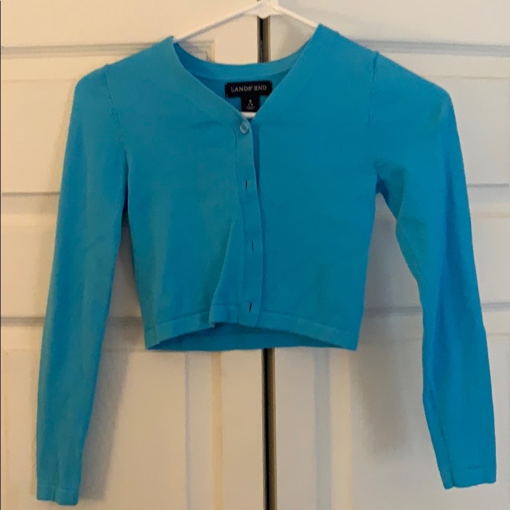 Girls Lands End blue cropped cardigan size 7-8